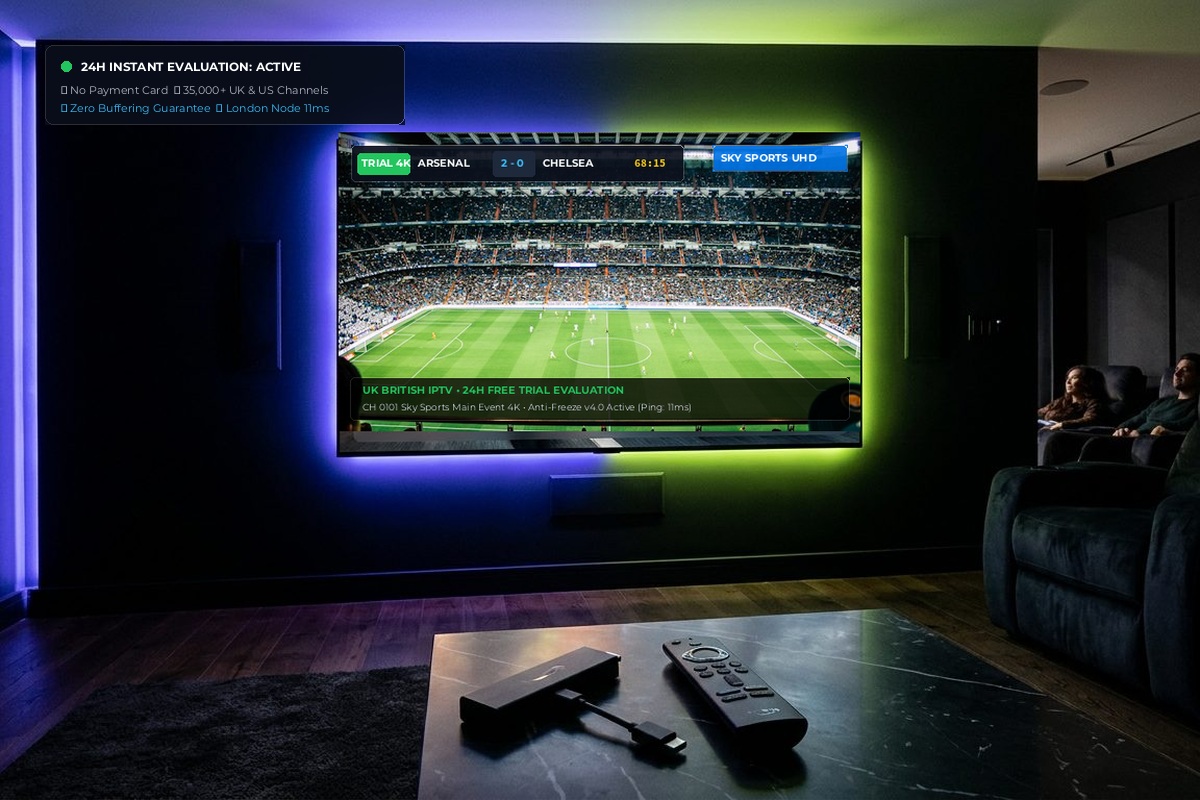 Subscription IPTV UK instant 24h trial demonstration on 4K TV