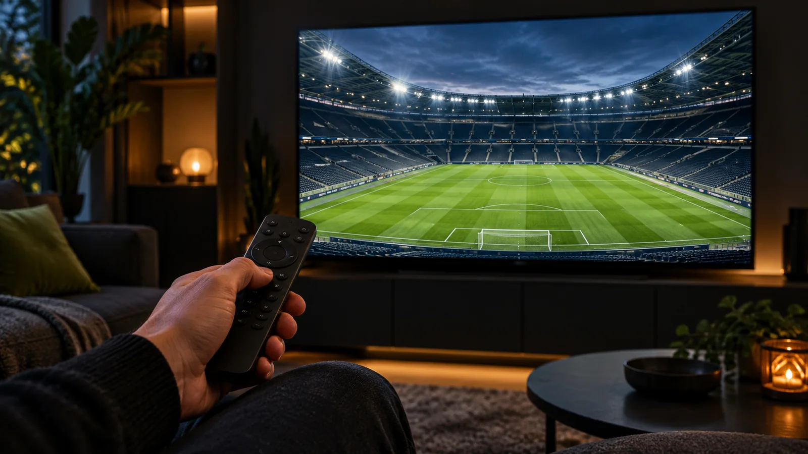 UK IPTV channels on TV screen: remote control and stadium matchday preview.