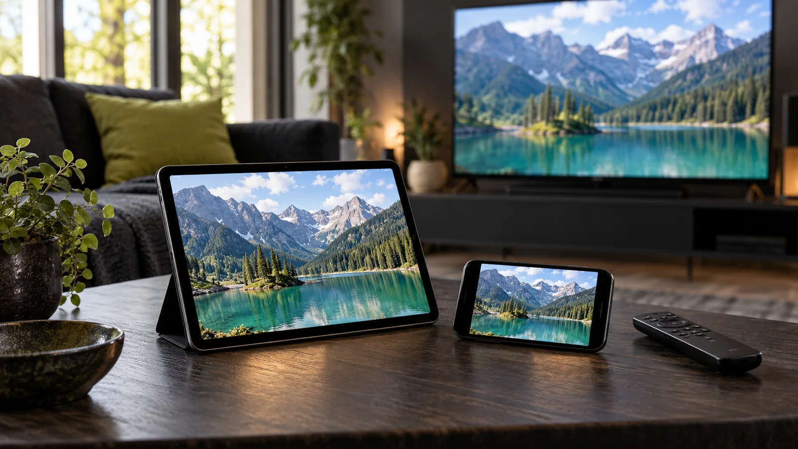 IPTV playback on multiple UK screens: Smart TV, tablet, and mobile smartphone.